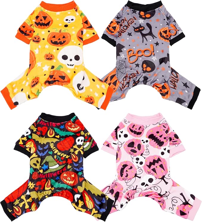 PET SHOW 4 Pack Halloween Fleece Dog Pajamas Warm for Large Dogs | Soft stretchy dogs onesies,boy girl pjs with sleeve,holiday jumpsuit costume for pets,XL