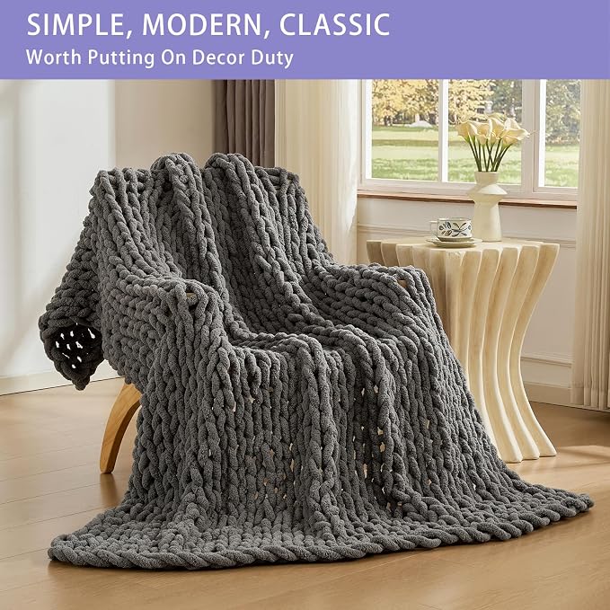 Bigacogo Chunky Knit Throw Blanket for Couch, 51x63 inches, Slate Gray | Hand Knit with Jumbo Chenille, Soft Breathable Cable Knit for Sofa Bed Living Room, Machine Washable, Gift for Mom Friend