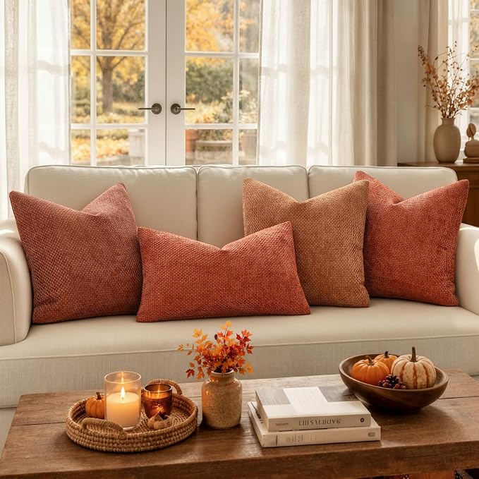 MIULEE Fall Decorative Couch Throw Pillow Covers 18x18 Burnt Orange 2 Pack | Modern Boho Accent, Soft Chenille Pillow Covers, Farmhouse Cushion Cases for Home Decor Bed Sofa Living Room