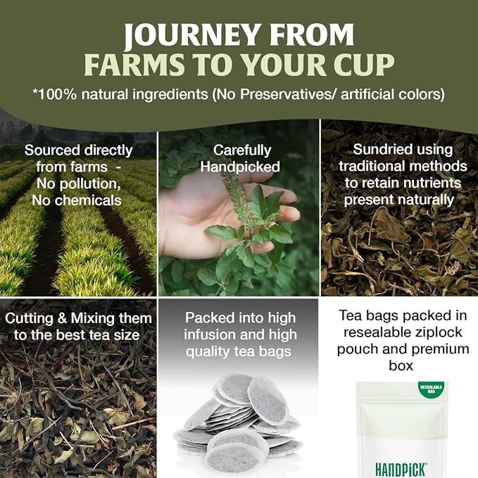 HANDPICK Original Tulsi Tea (100 count) Holy Basil Tea | Non-GMO, Caffeine-Free Herbal Tea | Ecofriendly Round Tea Bags