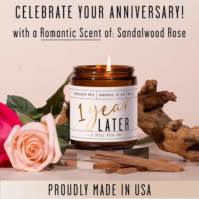 1 Year Anniversary Gifts for Girlfriend or Wife - '1 Year Later' Candle, w/Sandalwood Rose - infused w/Essential Oils I 1st Anniversary Gift I One Year Anniversary Gifts for Her I 50Hr Burn, USA Made