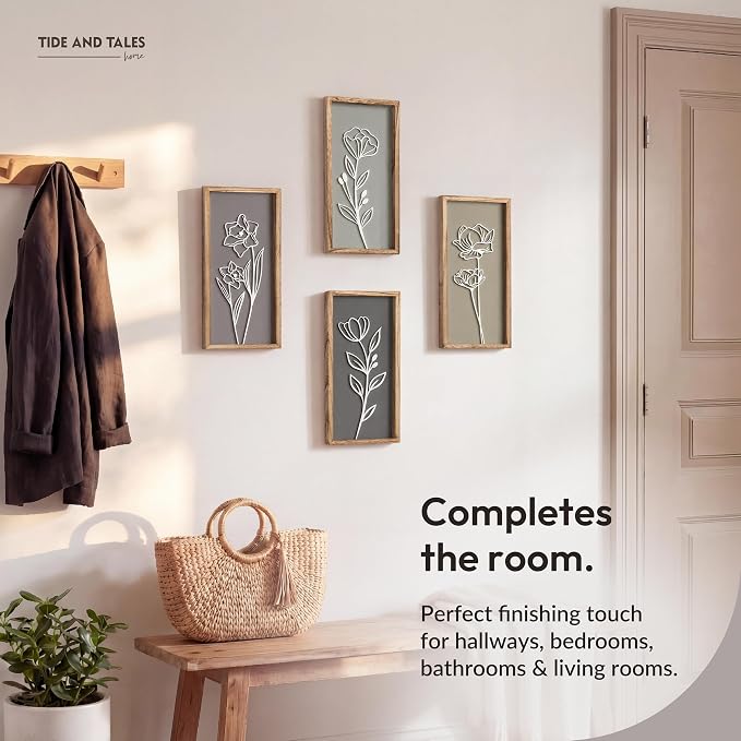 Tide and Tales 3d Framed Wall Art, Set of 4, Floral Boho Wall Decor | 7" x 16", Lightweight, Wooden, Ready-to-Hang Wall Decor for Living Room, Bathroom, Bedroom or Office, Botanical Farmhouse