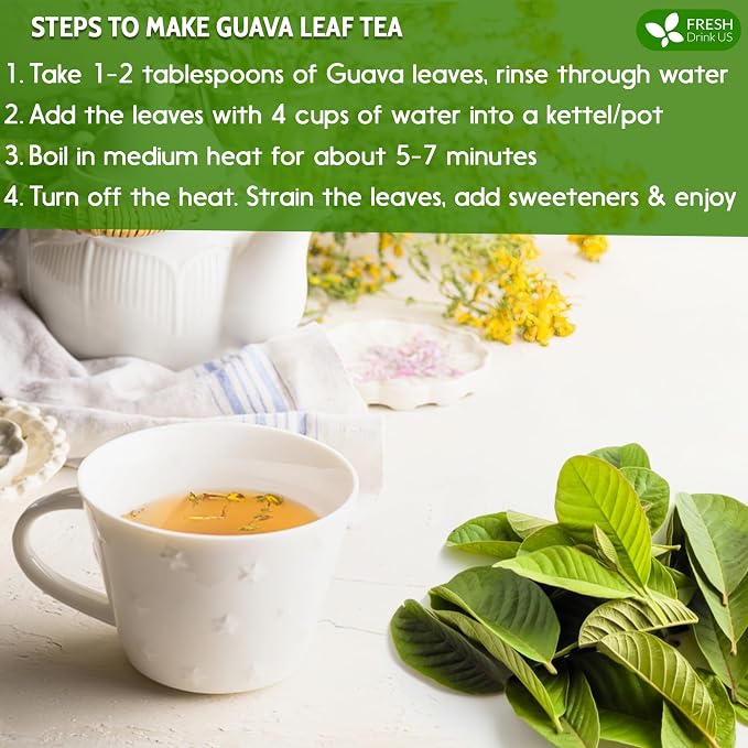 FreshDrinkUS, Premium 100+ Natural Guava Leaves, Whole Dried Leaves, 100% Pure, Natural Guava Loose Leaf Herbal Tea, No Additives, No Caffeine, Vegan