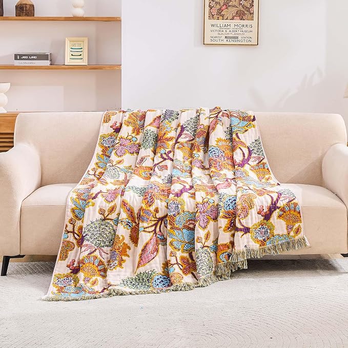 XIBLC Boho Throw Blanket for Bed, 100% Cotton Soft Rustic Quilt Fall Blanket, 50"x60" Floral Printed Farmhouse Decor Bed Blankets, All Season Rustic Reversible Bohemian Throw Quilt