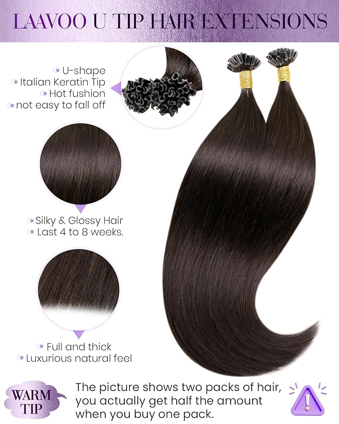LaaVoo K tip Hair Extensions Real Human Hair U Tip Hair Extensions Human Hair Dark Brown Utip Extensions for Women 20 inch Brown 50g/50s