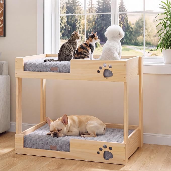 Wooden Bunk Dog Bed with 2 Memory Foam Beds | Modern Pet Furniture, Waterproof Liners, Washable Covers, 31.1 x 20.9 x 29.9 in, Bedside Window Perch, For Medium Dogs & Cats