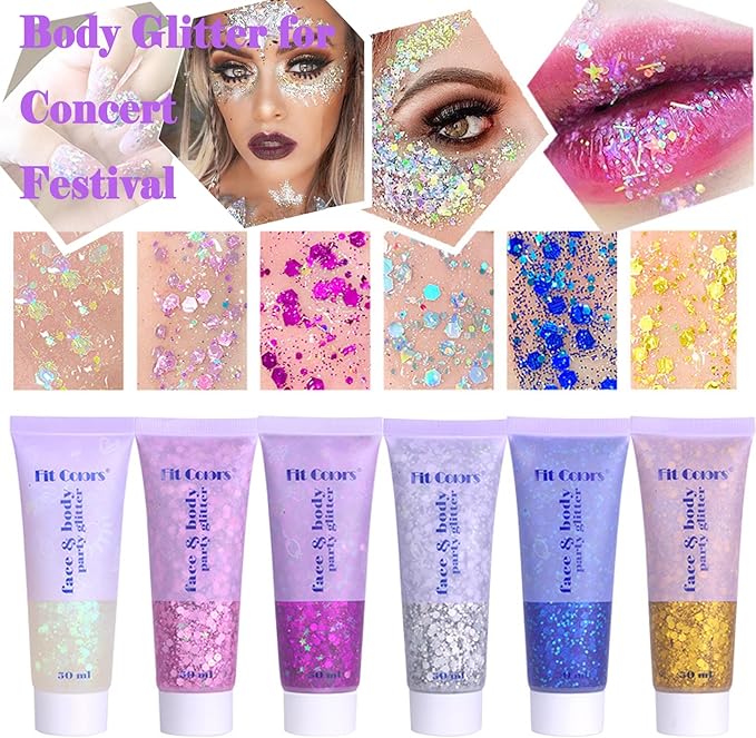Body Glitter Face Glitter Gel: Singer Concerts Disco Festival Rave Accessories Face Glitter Makeup Chunky Sequins Mermaid Face Body Hair Glitter Gel (2 Silver)