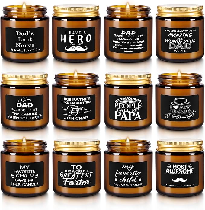 12-Pack Amber Jar Father's Day,Scented Candles, Gift for Dad 3.5oz, Natural Soy Wax and Premium Essential Oils. Ideal for Study Home & Office Aromatherapy.