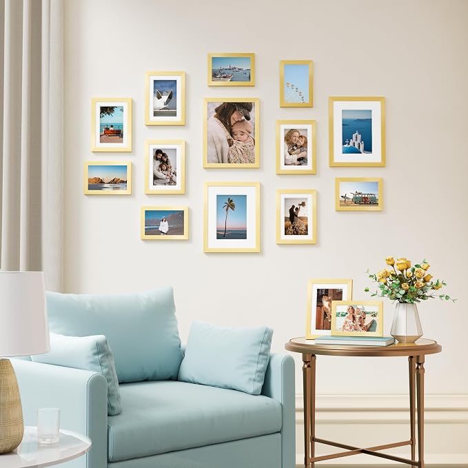 Vittanly 15 Pack Picture Frames Collage Wall Decor, Wall/Tabletop Display | Gold, Multi-Size Gallery Wall Frame Set: 3pcs 8x10, 6pcs 5x7, 6pcs 4x6. Picture Frame Set for Family