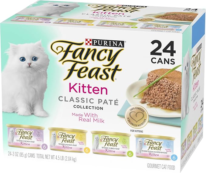 Fancy Feast Purina Tender Ocean Whitefish,Turkey,Chicken and Salmon Feasts Wet Kitten Food Variety Pack - 3 oz. Boxes,(Pack of 48)