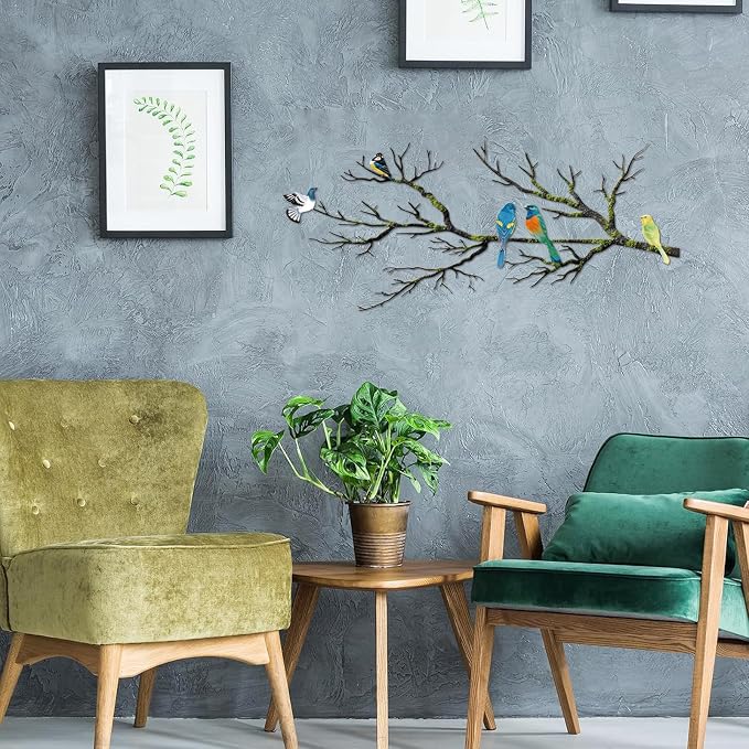 ESTART Metal Birds Wall Art, Metal Vivid Birds on Branch Silhouette Wall Decor Black Leaves with Bird Outdoor Hanging Wall Sculpture for Home Balcony Garden (Bright Color, Large)