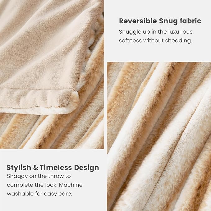 Cozy Bliss Faux Fur Throw Blanket for Couch, Cozy Warm Plush Striped Blanket for Sofa Bedroom Living Room,50 * 60 Inches Khaki