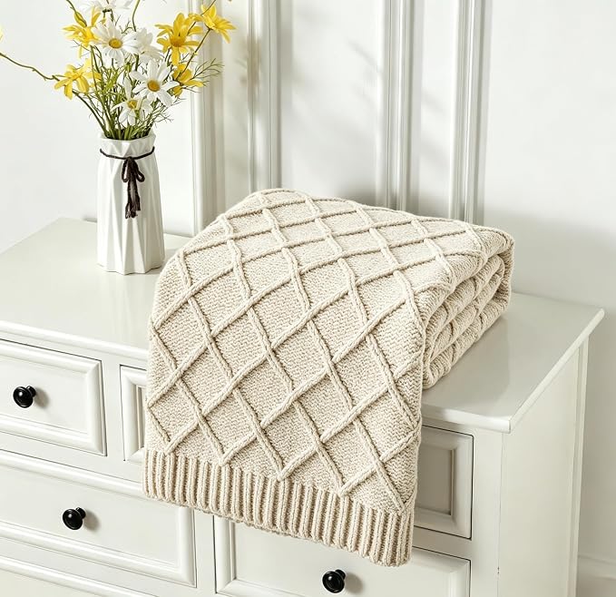 CREVENT Farmhouse Boho Knitted Throw Blanket for Couch Sofa Chair Bed Home Decoration, Soft Warm Cozy Light Weight for Spring Summer Fall (50''X60'' Chenille Ivory)