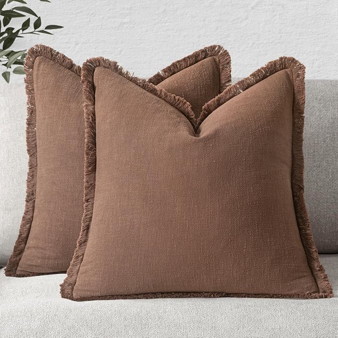 MIULEE Linen Decorative Fall Euro Throw Pillow Covers Dark Coffee 26x26 | Set of 2, Cottagecore Decor, Boho Farmhouse Neutral Pillow Covers, Rustic Fall Fringe Couch Cushion for Sofa Bed Living Room