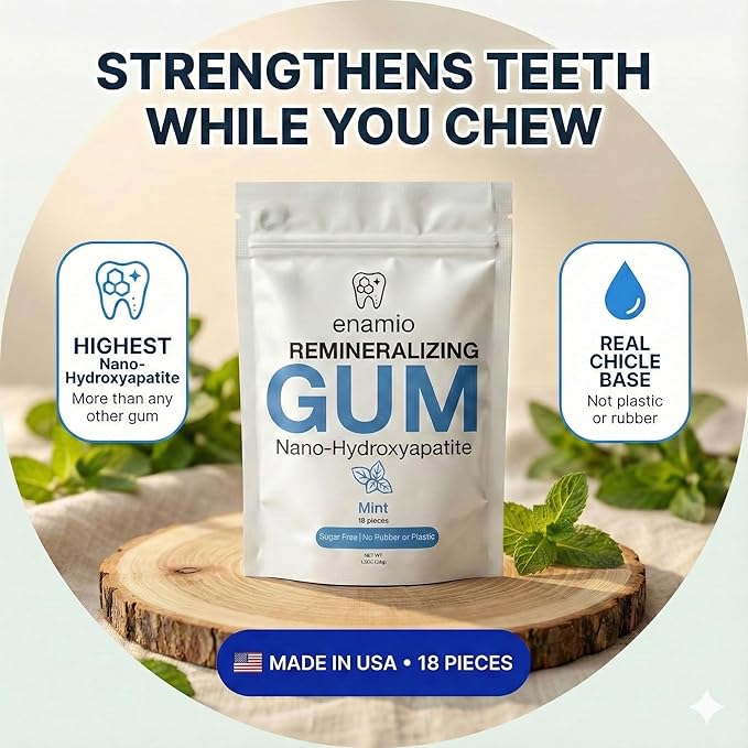 Enamio Mint Remineralizing Gum with Nano Hydroxyapatite for Enamel Support & Sensitive Teeth - Xylitol Gum, Plastic Free, Sugar Free, Natural Oral Care - No Aspartame- Made in USA - 2 Pack