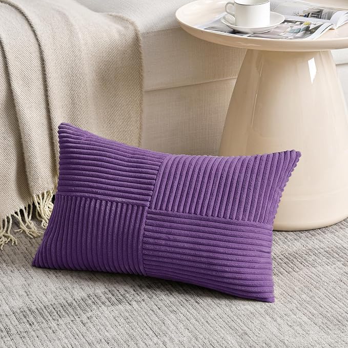 Fancy Homi 2 Packs Purple Lumbar Decorative Throw Pillow Covers 14x24 Inch for Living Room Couch Bed, Farmhouse Boho Home Decor, Soft Striped Corduroy Rectangle Accent Cushion Case 35x60 cm
