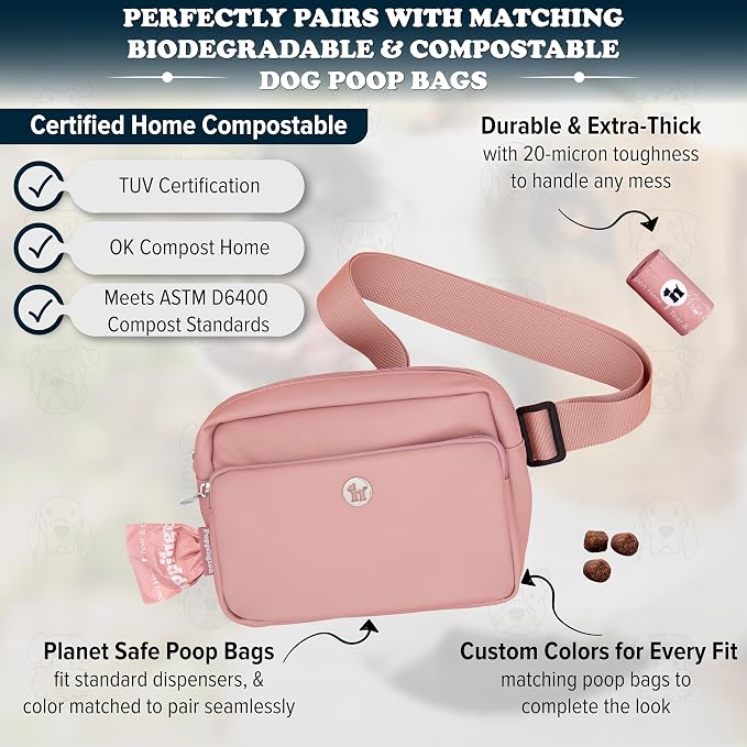 Puppington 3-in-1 Crossbody Dog Treat Pouch for Pet Training - Compostable Poop Bags, Built-In Poop Bag Dispenser, Slow-Feeding Travel Dog Bowl & Reflective Leash - Dog Walking Bag (Blush Pink)