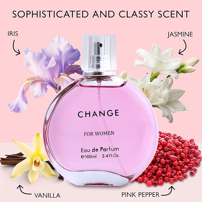 Change Eau De Parfum for Women - Spicy pink pepper on Top Pairing Floral Heart Notes of Jasmine & Iris - Suitable for Casual Wear - Mild & Paraben Free - Elegant 100ml Bottle Packaged in a Box