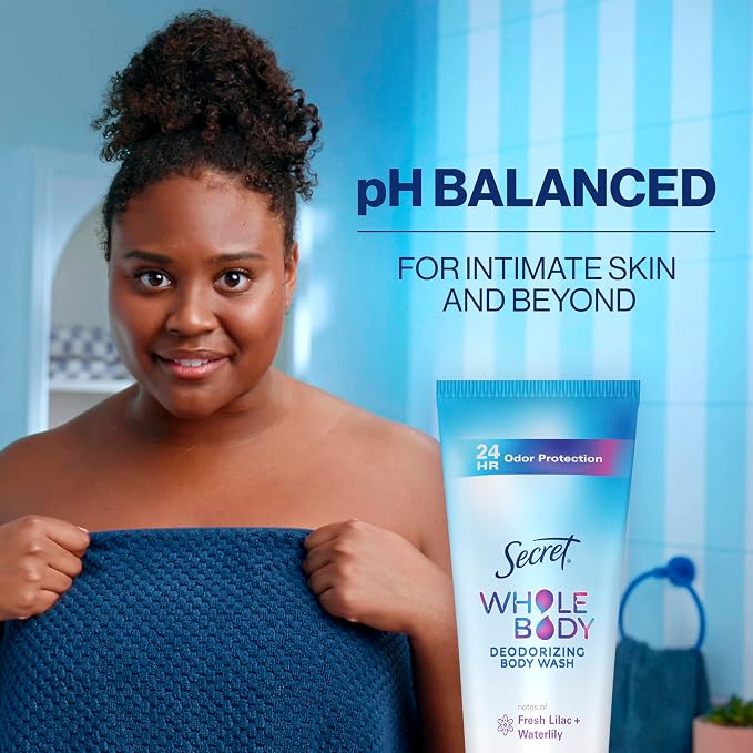Secret Feminine Wash, 24 HR Deodorizing Feminine Body Wash for Women, Removes 6x Causes of Odor, PH Balanced, Safe to Use Everywhere, Lilac & Waterlily Scent, 8.0 Fl Oz