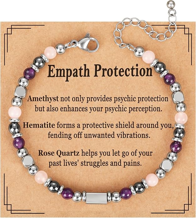 Natural Healing Crystal Bracelet for Women, Triple Protection Anxiety Relief New Beginnings Good Luck Empath Protection Jewelry Gift for Friends Daughter Mom 6.5+1.8 Inches