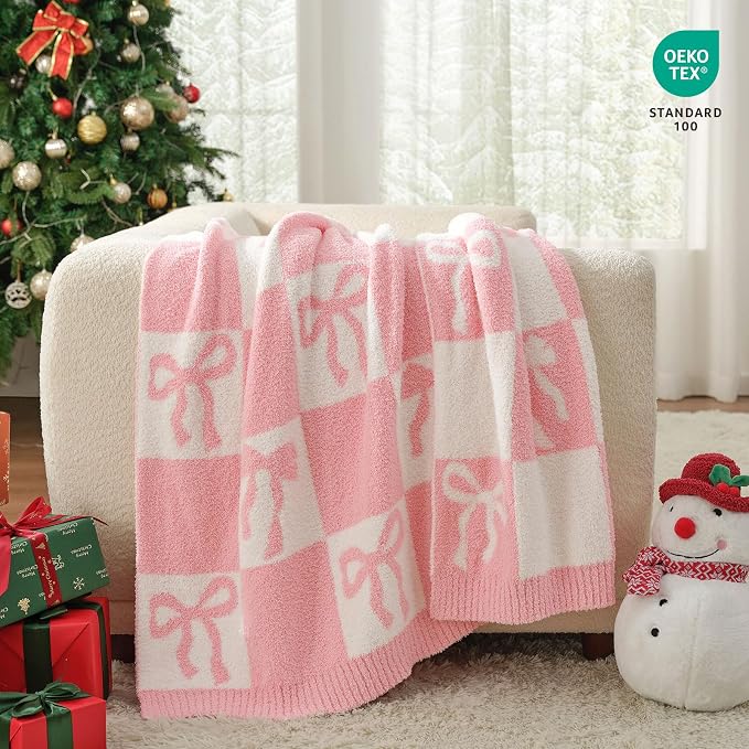 Snuggle Sac Bow Throw Blanket for Couch, Microfiber Fluffy Warm Cozy Fuzzy Reversible Checkered Blankets for Sofa, Chair, Bed, 50x60 inches for Wife Daughter Women Gift