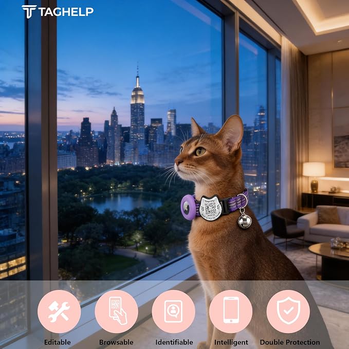 Cat Collar with AirTag Holder, QR Code Tag and Bell (Purple, Dot Matrix)