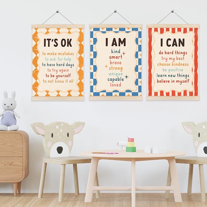 Koesus Inspirational Classroom Checkered Striped Wall Art Poster Hanger Frame 12x16 Inch Set of 3, Positive Affirmations for Kids, Motivational Canvas Pictures Prints Framed Wall Decor for Classroom Kids Room Playroom