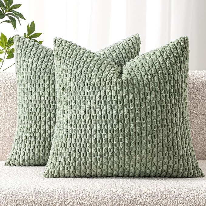 MIULEE Euro Sham Decorative Throw Pillow Covers 22x22 Sage Green Corduroy | Textured Striped Pack of 2 Striped Pillow Covers Modern Farmhouse Home Decor for Couch Bed Sofa Living Room