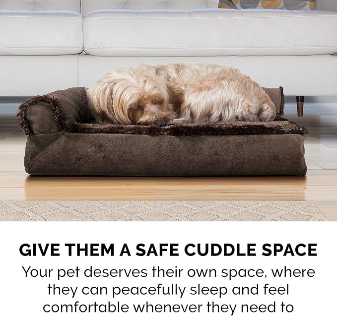 Furhaven Memory Foam Dog Bed for Medium/Small Dogs w/ Removable Bolsters & Washable Cover, For Dogs Up to 35 lbs - Plush & Velvet L Shaped Chaise - Sable Brown, Medium