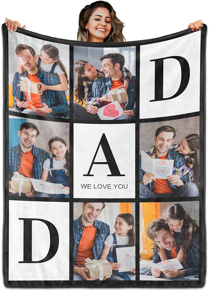 Fathers Day Birthday Gift for Dad Custom Blanket with 6 Photo & Text, Personalized Blankets with Picture to My Dad, HD Printing Customized Flannel Throw Blanket Gifts for Best Daddy Grandpa Ever