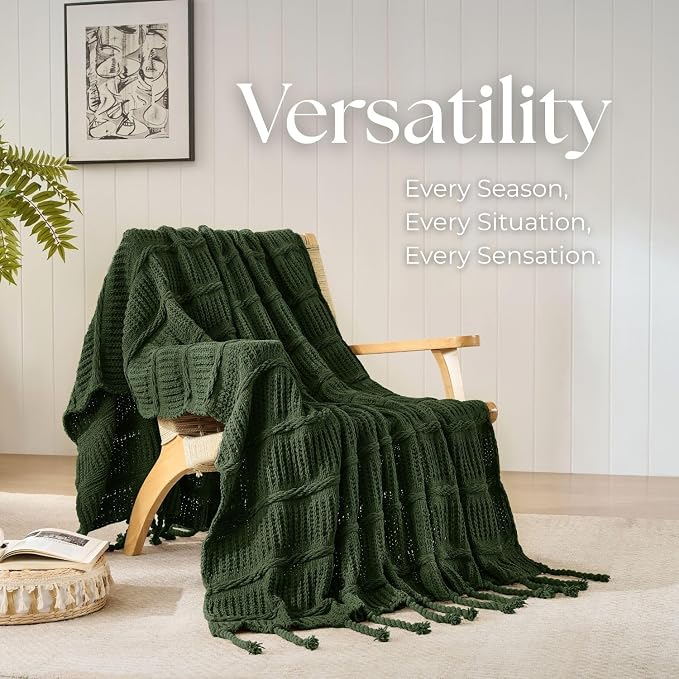 Boho Knitted Chenille Blanket with Tassels - Lightweight & Soft All-Season Throw - 3D Classic Pattern for Living Room Bedroom Couch, Imperial Green, Throw 50"x60"