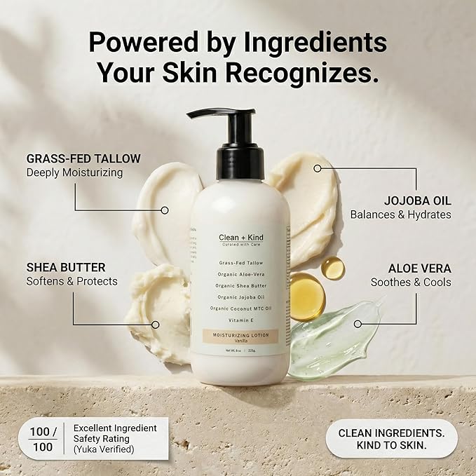 Daily Moisturizing Lotion – Tallow Body Lotion with Aloe Vera, Shea Butter, Jojoba Oil, MCT Oil & Vitamin E – Deep Hydration for Dry, Rough, Sensitive Skin (8 oz, Vanilla)
