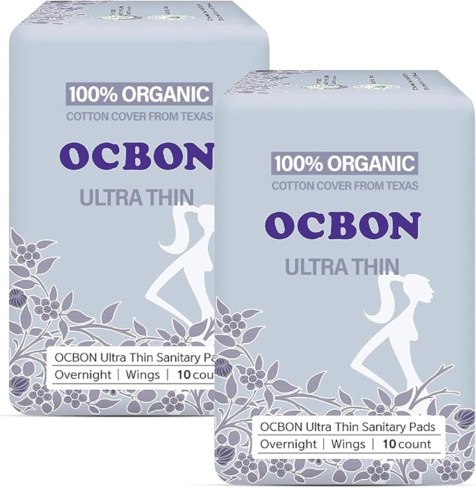 OCBON Unscented Ultra Thin Sanitary Pads (20 Count, Overnight) – Organic Cotton Feminine Pads with Wings for Women, Super Absorbent & Soft, Period Protection, Hypoallergenic
