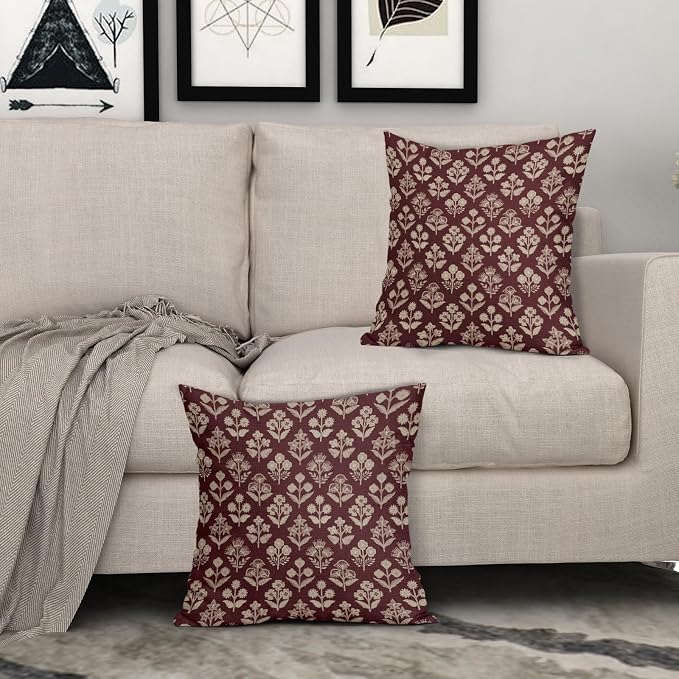 Burgundy Red Floral Block Print Pillow Covers 20x20 Inch Set of 2, Vintage Flower Pattern Decorative Throw Pillowcases Outdoor Farmhouse Cushion Covers Spring Summer Rustic Sofa Couch Bed Decor