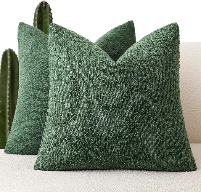 Foindtower Set of 2, Decorative Textured Boucle Throw Pillow Covers Accent Solid Pillow Cases Neutral Cozy Couch Cushion Case for Chair Sofa Bedroom Living Room Home Decor 24x24 Inch Pine Green