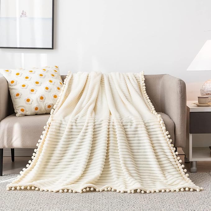 DISSA Fleece Blanket Twin Size – 60x80, Beige - Soft, Plush, Fluffy, Fuzzy, Warm, Cozy – Perfect Throw for Couch, Bed, Sofa - with Pompom Fringe - Flannel Blanket