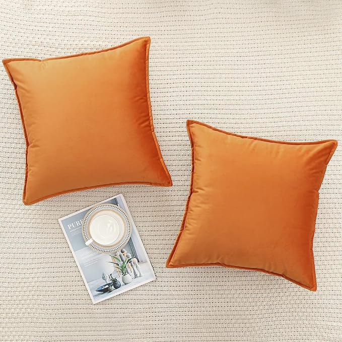 Velvet Orange Throw Pillow Covers 24”x24”Pack of 2 Soft Decorative | Square Cushion Covers for Couch Sofa Bed Livingroom Car Home Decor,60x60Cm