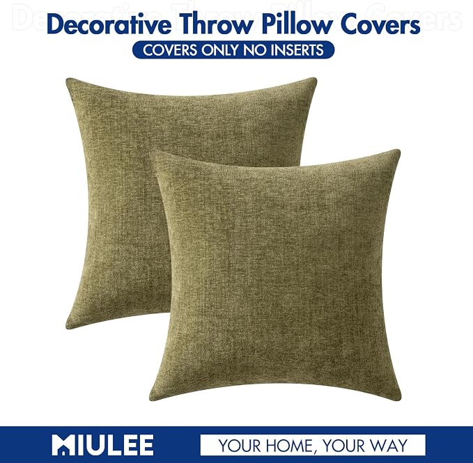 MIULEE Soft Chenille Throw Pillow Covers Olive Green 16x16 Inch Pack of 2 | Modern Home Decor, Classic Decorative Pillows, Solid Dyed Cases, Boho Couch Cushion Covers for Sofa Bed Living Room