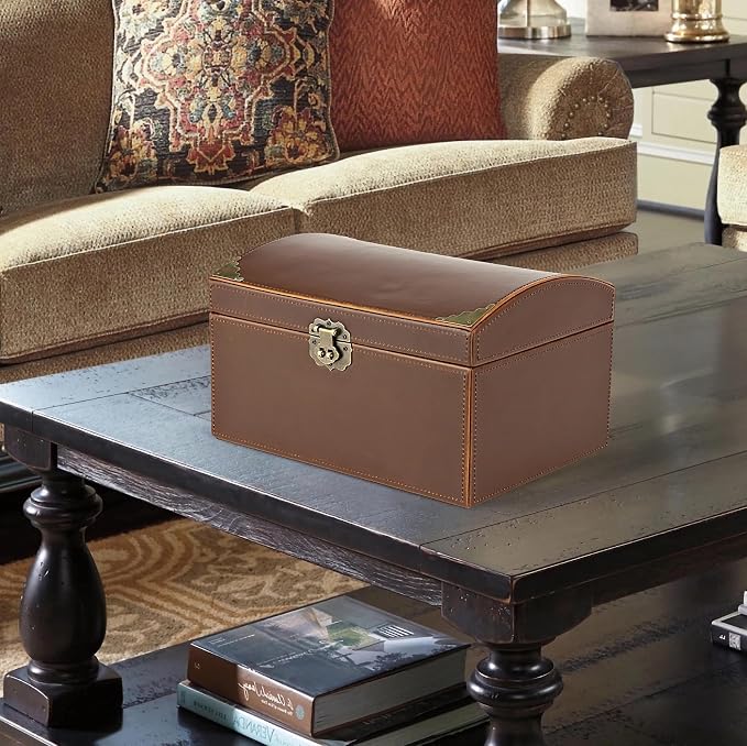 HofferRuffer Faux Leather Decorative Box, Large Wooden Structure Keepsake Box Accessory Organizer Jewelry Organizer with Hinged Lid, Storage Container for Home or Office (Antique Brown)