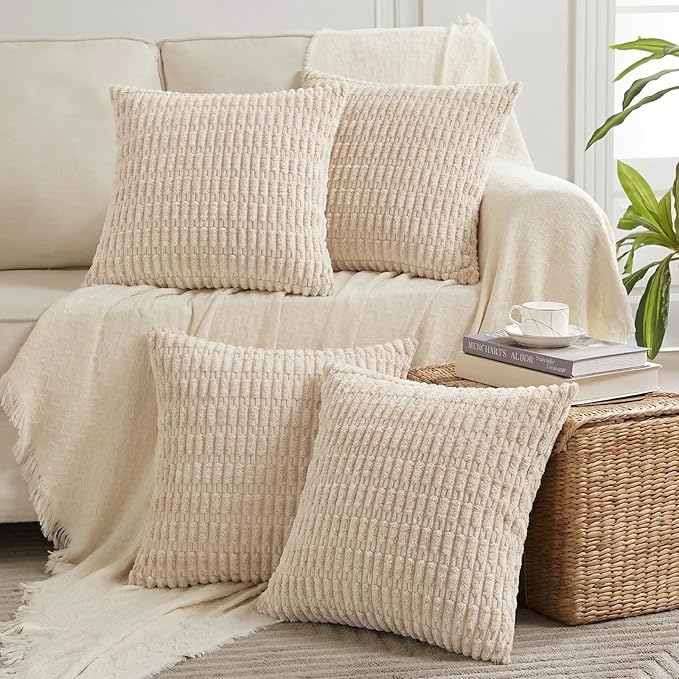 Fancy Homi 4 Packs Decorative Throw Pillow Covers for Living Room Couch Bed, Modern Farmhouse Boho Home Décor Accent Cushion Case, 18" x 18", Tan