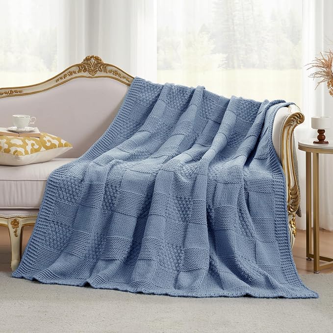 Knit Throw Blanket, Soft Chenille Cozy Breathable Checkered Chunky Decorative Blanket for Couch, Bed & Sofa, French-Inspired Lightweight Warm Gift for Women, Washed Blue, 50"x60"