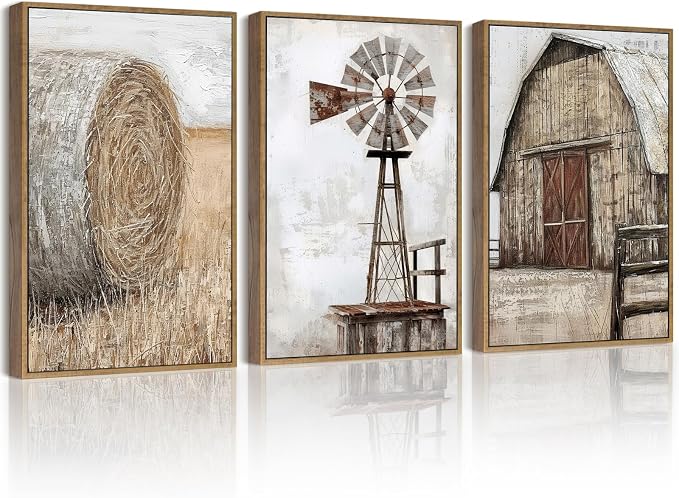 Drsoum Farmhouse Wall Art Vintage Rustic Windmill Barn Cornfield Pictures Framed Painting Landscape Countryside Rural Canvas Artwork Home Decor Ready to Hang 11x14in - Natural Framed