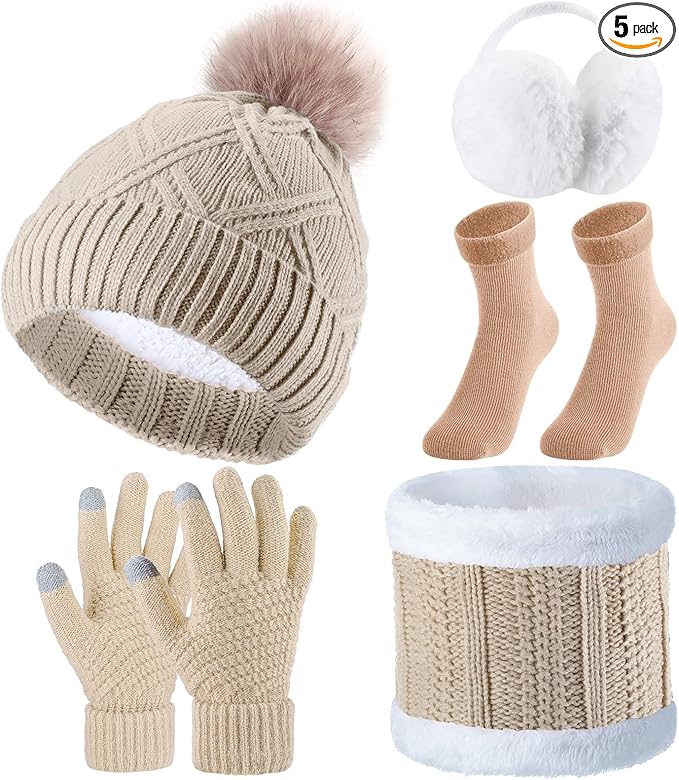 SATINIOR 5 Pcs Winter Hat Scarf Gloves Set Fleece Warm Lined Knit Beanie Hat Touch Screen Earmuff Gloves Warmer for Women(Beige,Stylish Style)