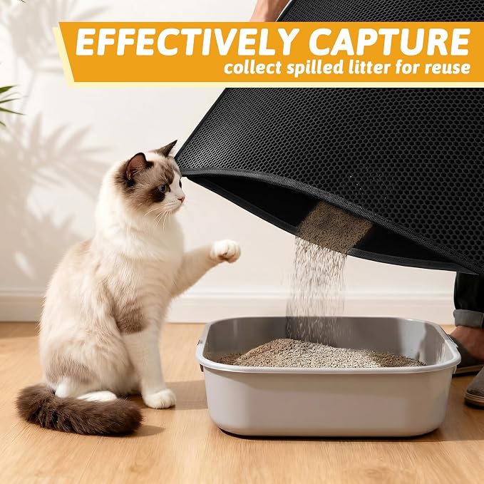 Pieviev Litter Box Mat, Double-Layer Waterproof Design, 47" x 36" Black | Honeycomb Litter Trapping Mat Captures Scattered Particles to Stop Tracking, Waterproof Base Protects Floors, Easy to Clean