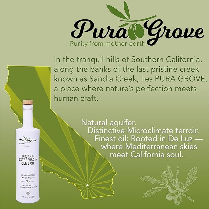 Pura Grove Organic Cold Pressed Extra Virgin Olive Oil Premium Grade - High Polyphenol - Hand Harvested & California Grown - 16.9Oz Opaque Glass Bottle