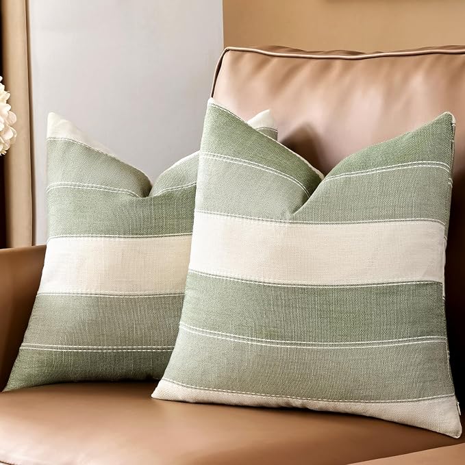 Pack of 2 Farmhouse Stripe Check Throw Pillow Covers Set Case Cotton Linen Decorative Pillowcases Cushion Cover for Couch Bench Sofa 22x22 Inch Sage Green