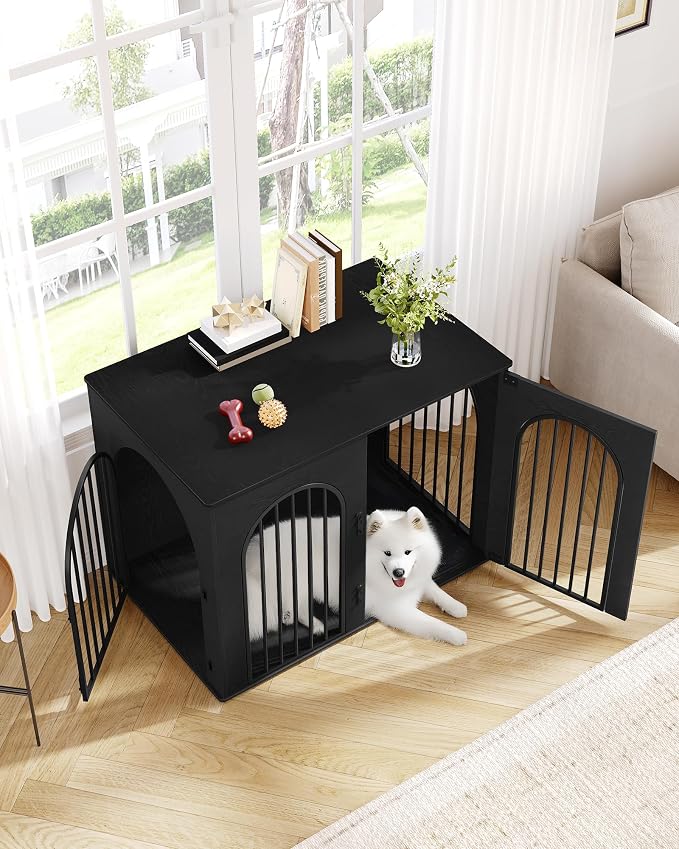 Hzuaneri 44.1'' Dog Crate Furniture,Dog Kennel Indoor for Medium/Large Dogs | Dog Kennel Furniture Wooden Dog Cage Heavy Duty Dog Crate Decorative Pet House End Side Table TV Stand,Black DFC83904B