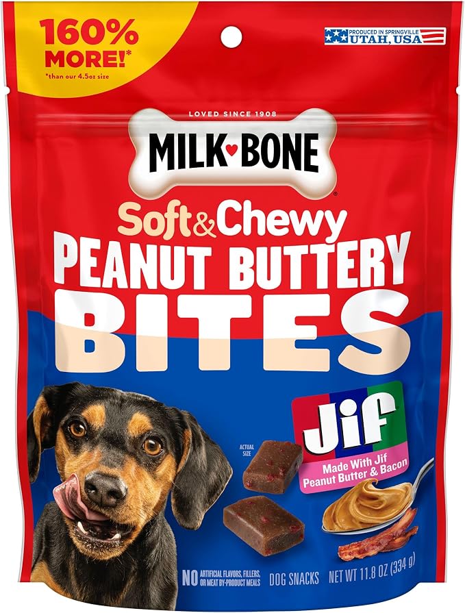 Milk-Bone Peanut Buttery Bites Soft Dog Treats with Jif Peanut Butter,11.8-Oz. Bag,(Pack of 2)