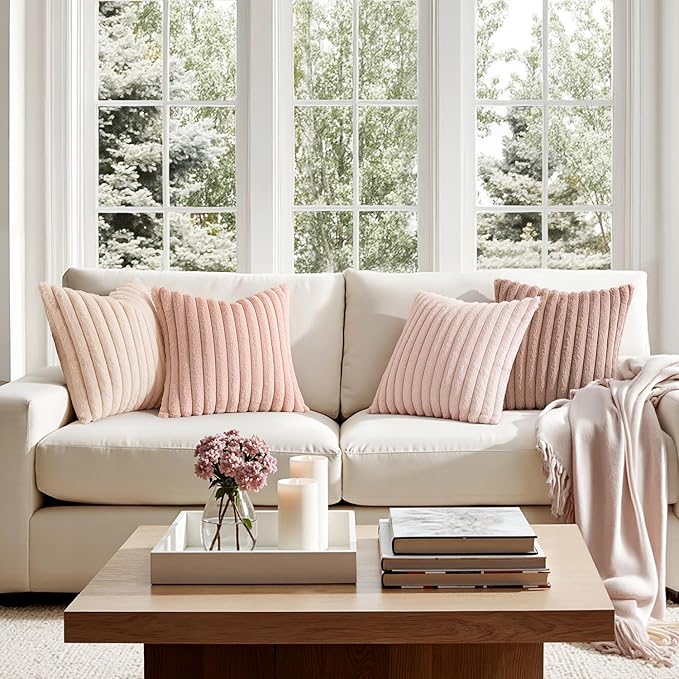 MIULEE Faux Fur Plush Decorative Throw Pillow Covers 20x20, Pink | Set of 4, Striped, Soft Cute Romantic Modern Cozy Home Decor, Cushion Cases for Sofa Couch Bed Living Room