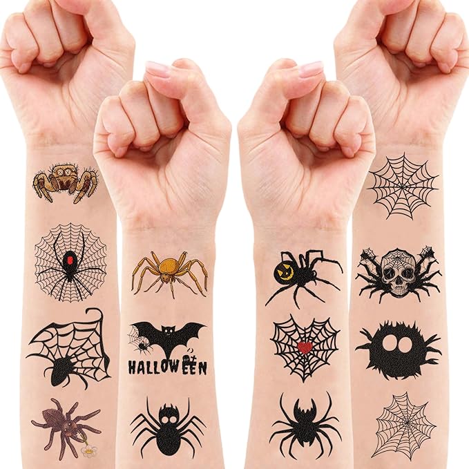 96 PCS Cute Funny Halloween Spider Pre-cut Temporary Tattoos Sticker Birthday Decorations Spider Web Bat Boo Day Festival Black Carnival Themed Party Favors Supplies Cute Boy Girl Adult Gifts